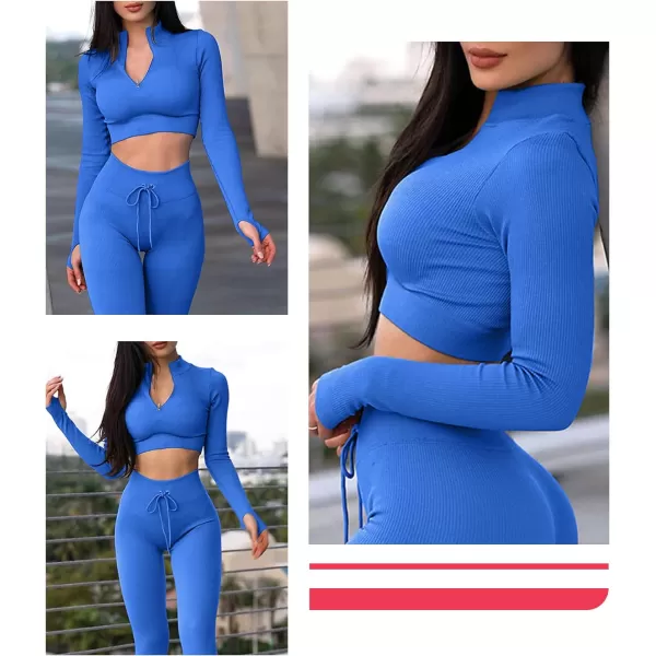 Workout Sets for Women 2 Piece Seamless Long Sleeve Crop Tops Seamless Ribbed High Waist Leggings