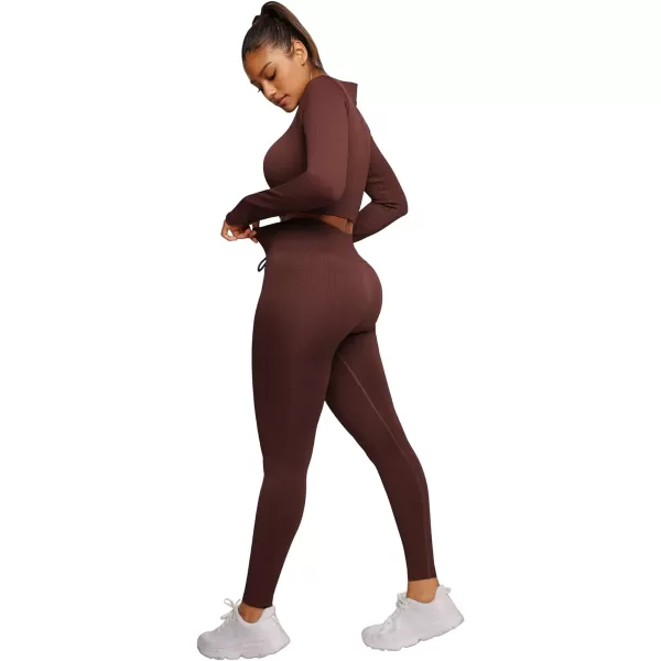 Workout Sets for Women 2 Piece Seamless Long Sleeve Crop Tops Seamless Ribbed High Waist Leggings