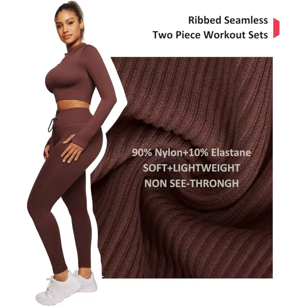 Workout Sets for Women 2 Piece Seamless Long Sleeve Crop Tops Seamless Ribbed High Waist Leggings