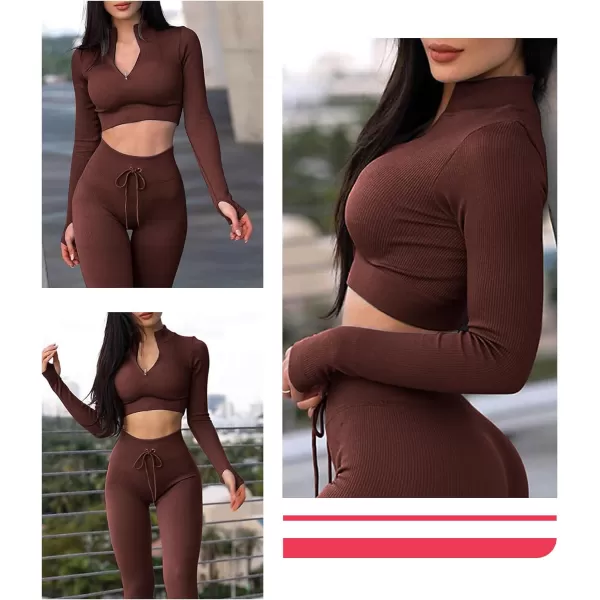 Workout Sets for Women 2 Piece Seamless Long Sleeve Crop Tops Seamless Ribbed High Waist Leggings
