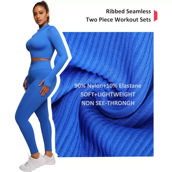 Workout Sets for Women 2 Piece Seamless Long Sleeve Crop Tops Seamless Ribbed High Waist Leggings
