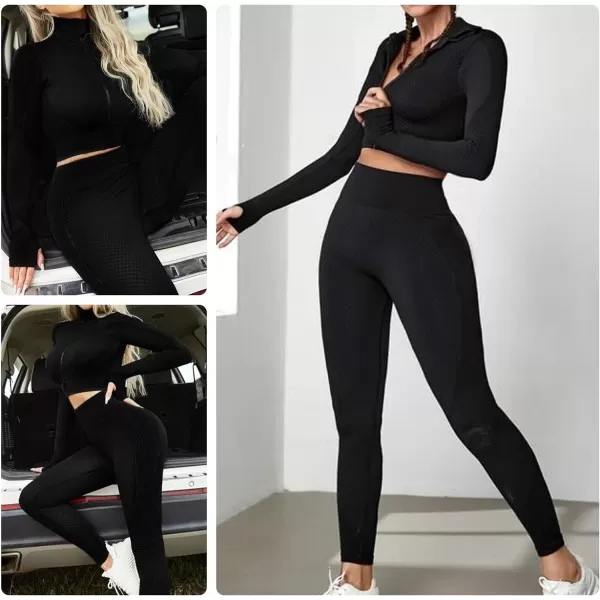 Workout Sets for Women-2 Piece Seamless Yoga Outfit High Waist Leggings Crop Top Gym Sets