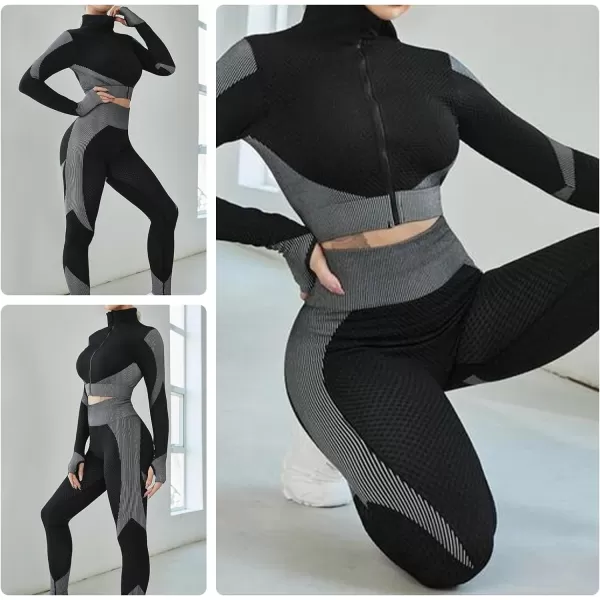 Workout Sets for Women-2 Piece Seamless Yoga Outfit High Waist Leggings Crop Top Gym Sets
