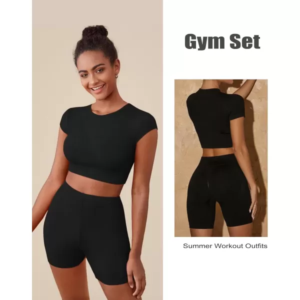 Workout Sets for Women 2 Piece Workout Outfits Short Sleeve Gym Set Seamless Crop Top High Waist Shorts