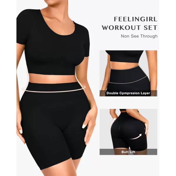 Workout Sets for Women 2 Piece Workout Outfits Short Sleeve Gym Set Seamless Crop Top High Waist Shorts