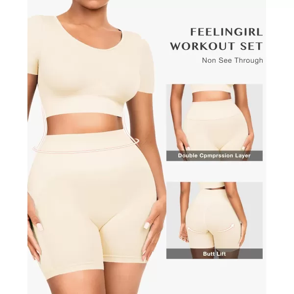 Workout Sets for Women 2 Piece Workout Outfits Short Sleeve Gym Set Seamless Crop Top High Waist Shorts