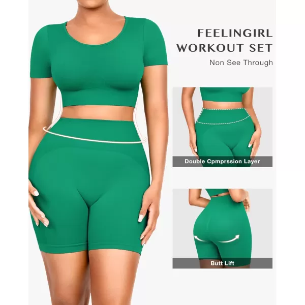 Workout Sets for Women 2 Piece Workout Outfits Short Sleeve Gym Set Seamless Crop Top High Waist Shorts
