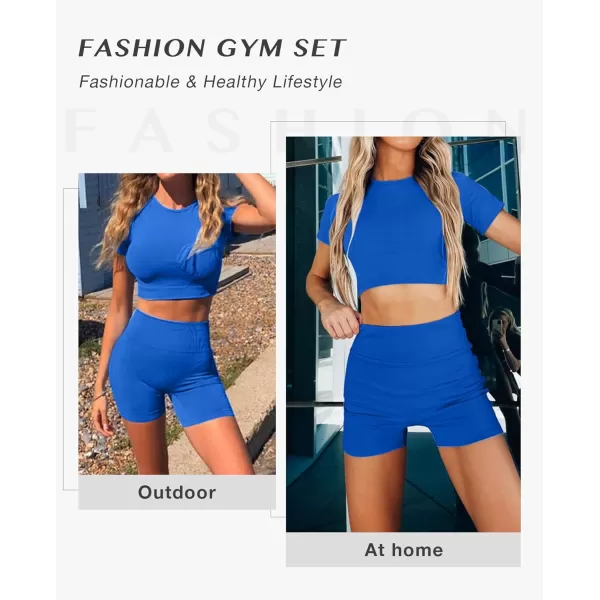 Workout Sets for Women 2 Piece Workout Outfits Short Sleeve Gym Set Seamless Crop Top High Waist Shorts