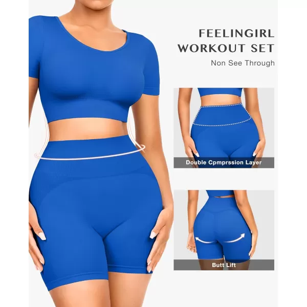 Workout Sets for Women 2 Piece Workout Outfits Short Sleeve Gym Set Seamless Crop Top High Waist Shorts