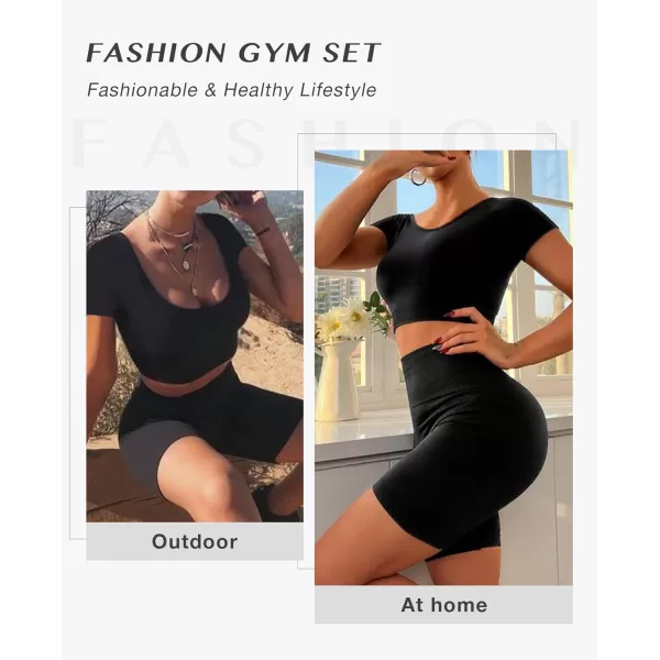 Workout Sets for Women 2 Piece Workout Outfits Short Sleeve Gym Set Seamless Crop Top High Waist Shorts