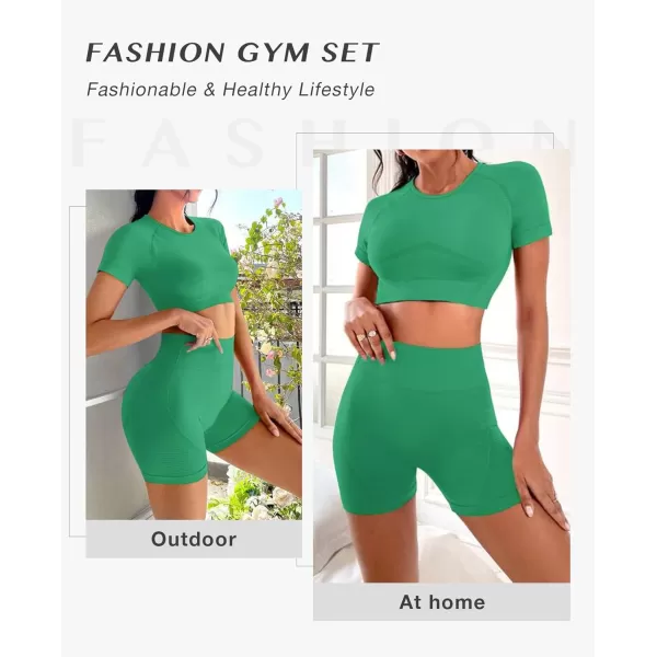 Workout Sets for Women 2 Piece Workout Outfits Short Sleeve Gym Set Seamless Crop Top High Waist Shorts