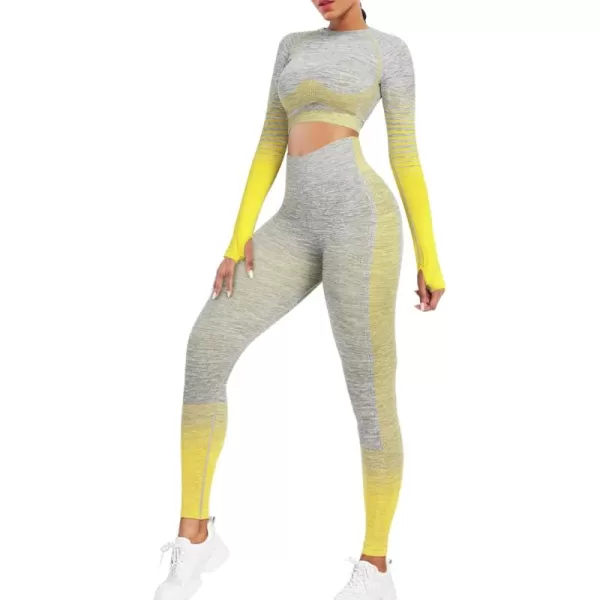 2 Piece Workout Sets for Women Long Sleeve Short Sleeve Yoga Outfits Seamless Ribbed Crop Top High Waist Legging