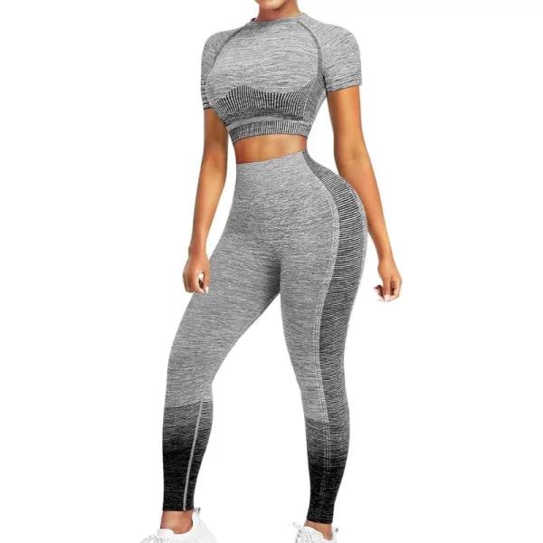 2 Piece Workout Sets for Women Long Sleeve Short Sleeve Yoga Outfits Seamless Ribbed Crop Top High Waist Legging