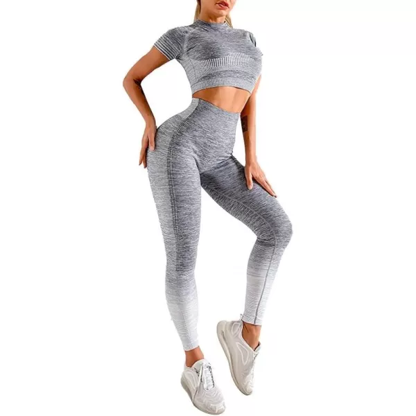 2 Piece Workout Sets for Women Long Sleeve Short Sleeve Yoga Outfits Seamless Ribbed Crop Top High Waist Legging