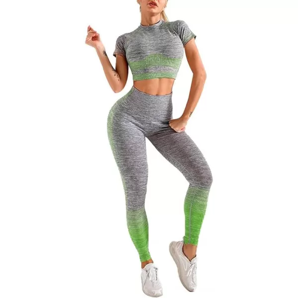 2 Piece Workout Sets for Women Long Sleeve Short Sleeve Yoga Outfits Seamless Ribbed Crop Top High Waist Legging