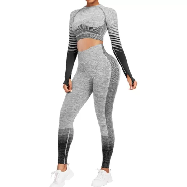 2 Piece Workout Sets for Women Long Sleeve Short Sleeve Yoga Outfits Seamless Ribbed Crop Top High Waist Legging