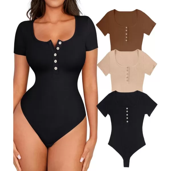 3 Packs Short Sleeve Bodysuit for Women Henley Tops Ribbed Cotton T Shirts Scoop Neck Sleeveless Casual Shirt