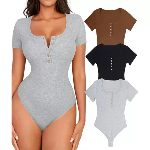 3 Packs Short Sleeve Bodysuit for Women Henley Tops Ribbed Cotton T Shirts Scoop Neck Sleeveless Casual Shirt