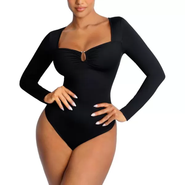 Body Suits for Womens Long Sleeve Thong Shapewear Bodysuit Sweetheart V Neck Top Shirt Black/White