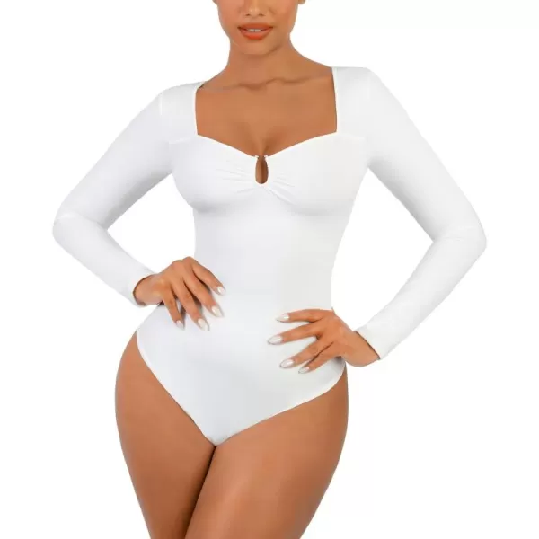 Body Suits for Womens Long Sleeve Thong Shapewear Bodysuit Sweetheart V Neck Top Shirt Black/White
