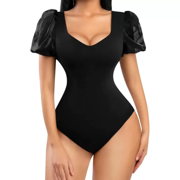 Bodysuit for Women Tummy Control Seamless Thong Body Shaper Tank Top Short Puff Sleeve Body Suit
