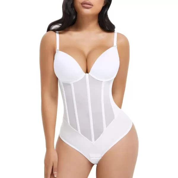 Bodysuit for Women Tummy Control Thong Sheer Mesh Corset Top Backless Party Evening Dress White Wedding Bodysuits)