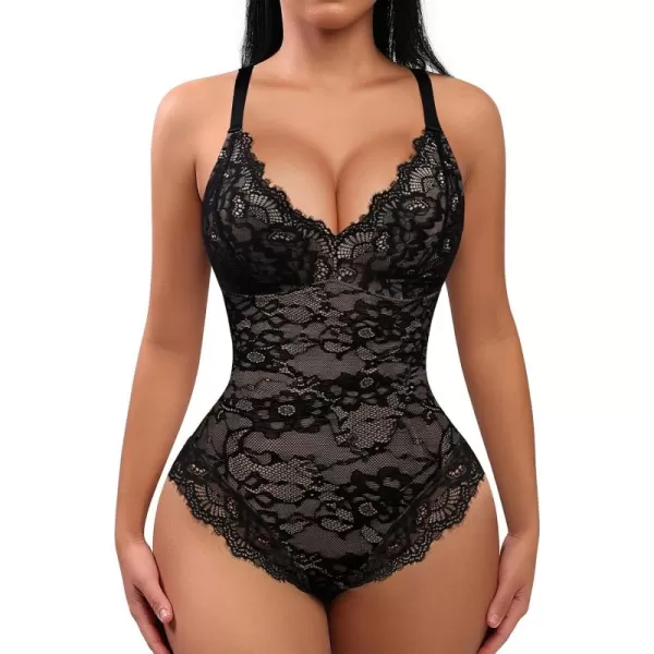 Lace Bodysuit for Women Tummy Control Shapewear V-Neck Sleeveless Tops Backless Camisole Jumpsuit