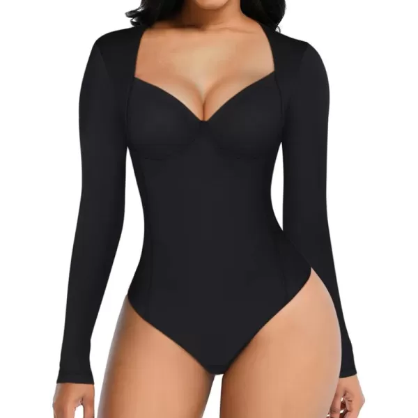 Long Sleeve Bodysuits for Women Body Suit Tummy Control Thong Shapewear Bodysuit Square Deep V Neck Tops 2024