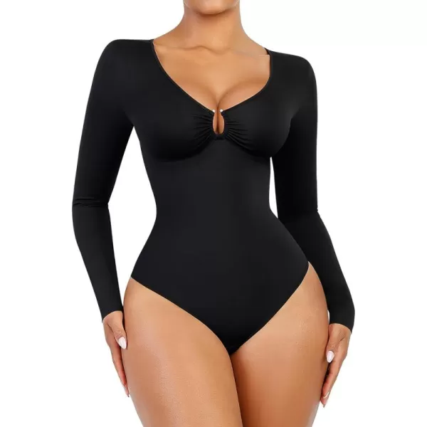 Long Sleeve Bodysuits for Women Body Suit Tummy Control Thong Shapewear Bodysuit Square Deep V Neck Tops 2024