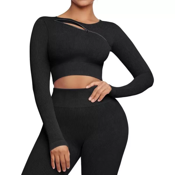 Seamless Workout Sets for Women 2 Piece Seamless Long Sleeve Crop Tops Ribbed Outfits High Waist Leggings