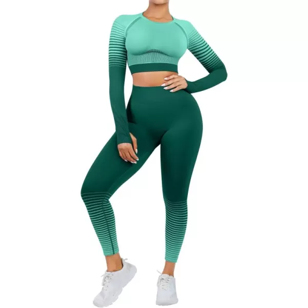 Seamless Workout Sets for Women 2 Piece Seamless Long Sleeve Crop Tops Ribbed Outfits High Waist Leggings