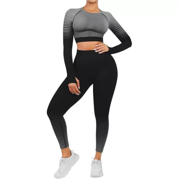 Seamless Workout Sets for Women 2 Piece Seamless Long Sleeve Crop Tops Ribbed Outfits High Waist Leggings