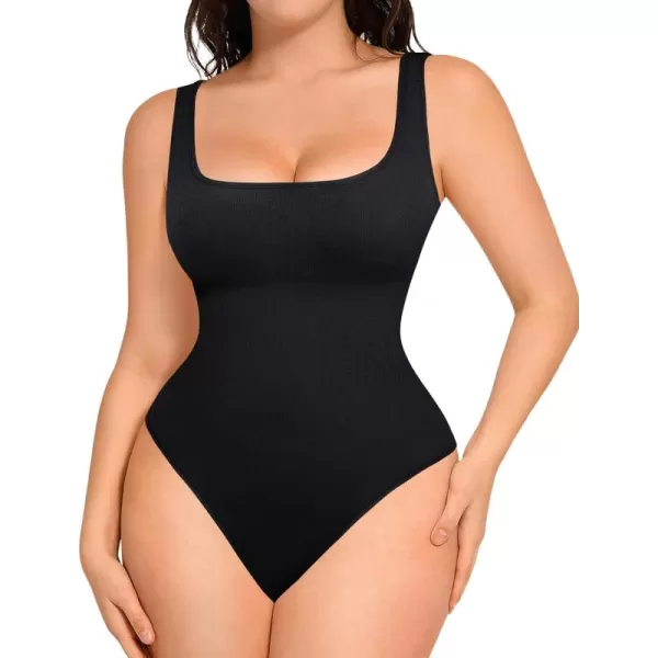 Women's Tummy Control Square Neck Sleeveless Thong Bodysuit Seamless Backless Ribbed Going Out Tank Tops Bodysuits