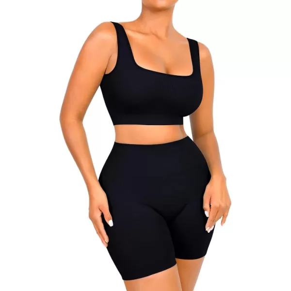 Workout Sets for Women 2 Piece Outfits Seamless Ribbed Sport Bra High Waist Shorts Reg &amp; Plus Size