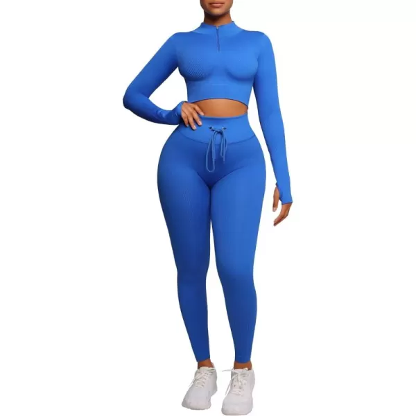 Workout Sets for Women 2 Piece Seamless Long Sleeve Crop Tops Seamless Ribbed High Waist Leggings