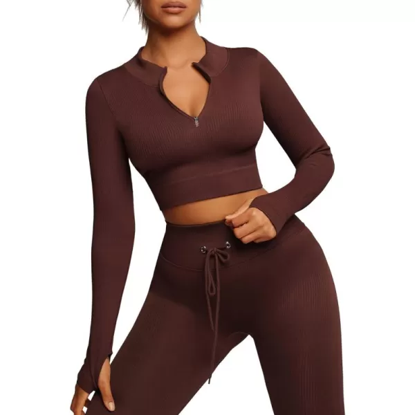 Workout Sets for Women 2 Piece Seamless Long Sleeve Crop Tops Seamless Ribbed High Waist Leggings