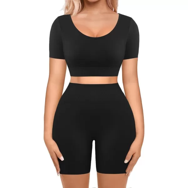 Workout Sets for Women 2 Piece Workout Outfits Short Sleeve Gym Set Seamless Crop Top High Waist Shorts
