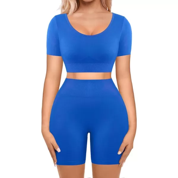 Workout Sets for Women 2 Piece Workout Outfits Short Sleeve Gym Set Seamless Crop Top High Waist Shorts