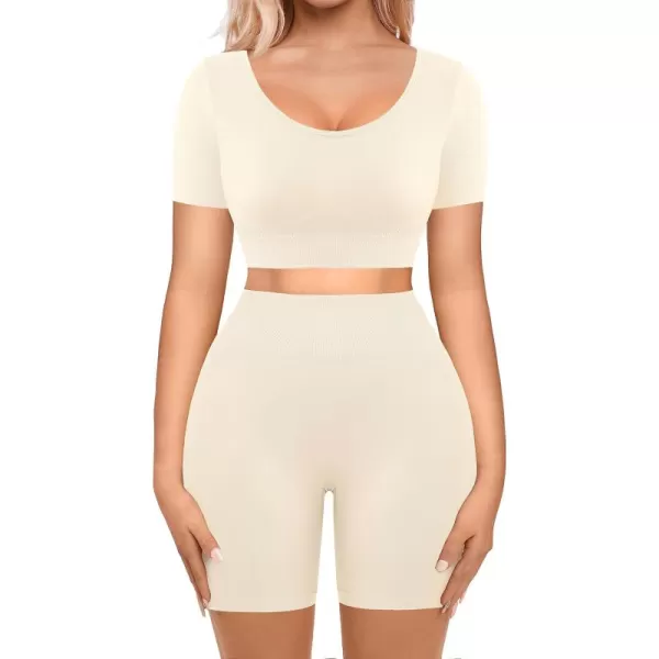 Workout Sets for Women 2 Piece Workout Outfits Short Sleeve Gym Set Seamless Crop Top High Waist Shorts