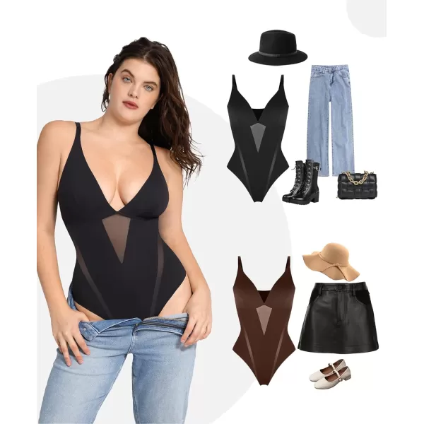 Shapewear Bodysuit Women Tummy Control Deep V-neck Thong Bodysuits Seamless Mesh Slim Body Shaper Body Suit