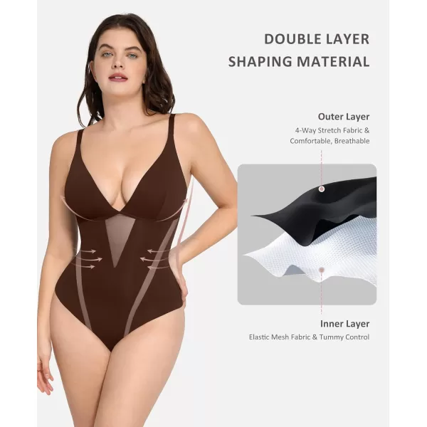 Shapewear Bodysuit Women Tummy Control Deep V-neck Thong Bodysuits Seamless Mesh Slim Body Shaper Body Suit