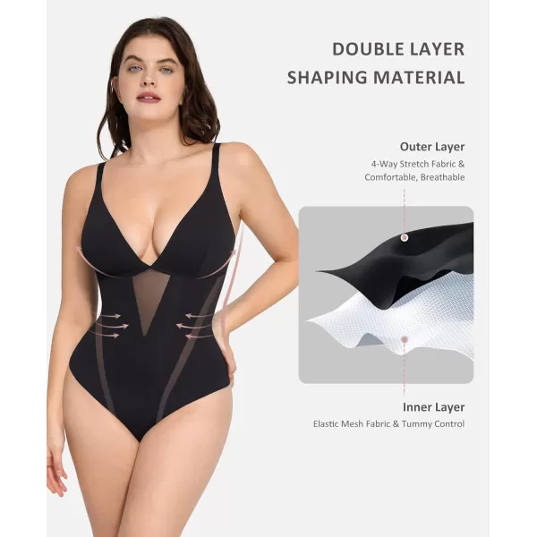 Shapewear Bodysuit Women Tummy Control Deep V-neck Thong Bodysuits Seamless Mesh Slim Body Shaper Body Suit
