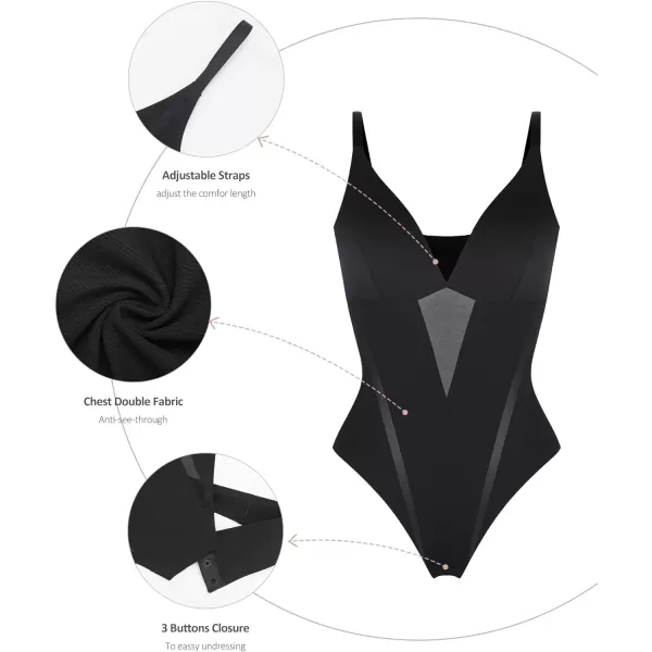 Shapewear Bodysuit Women Tummy Control Deep V-neck Thong Bodysuits Seamless Mesh Slim Body Shaper Body Suit