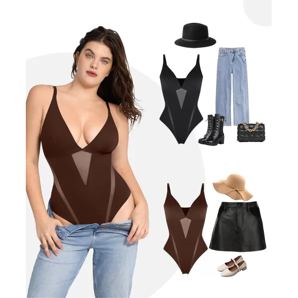 Shapewear Bodysuit Women Tummy Control Deep V-neck Thong Bodysuits Seamless Mesh Slim Body Shaper Body Suit