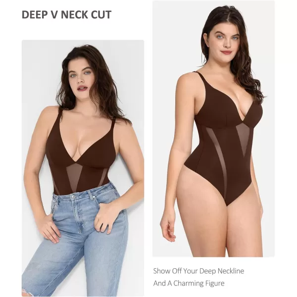 Shapewear Bodysuit Women Tummy Control Deep V-neck Thong Bodysuits Seamless Mesh Slim Body Shaper Body Suit