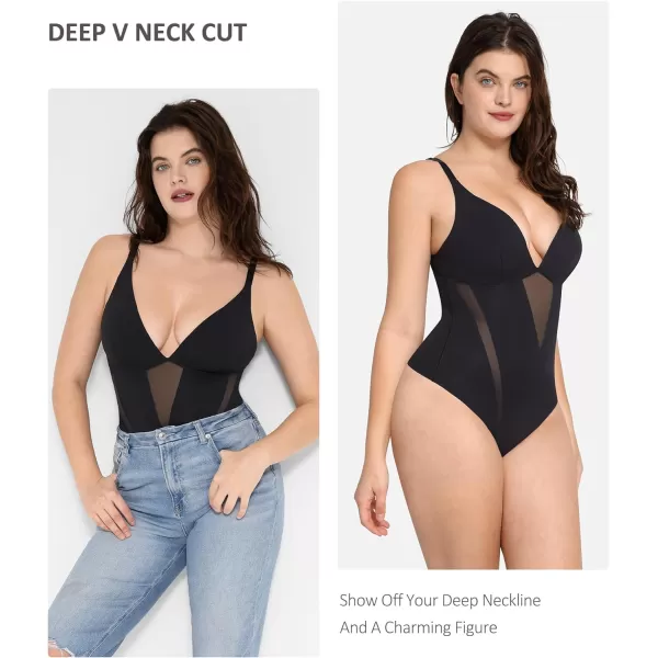 Shapewear Bodysuit Women Tummy Control Deep V-neck Thong Bodysuits Seamless Mesh Slim Body Shaper Body Suit