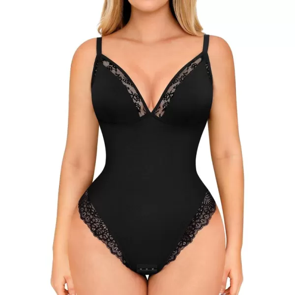 Lace Bodysuits for Women Tummy Control Shapewear Bodysuit V Neck Thong Body Suit 2024