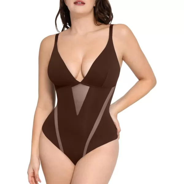 Shapewear Bodysuit Women Tummy Control Deep V-neck Thong Bodysuits Seamless Mesh Slim Body Shaper Body Suit