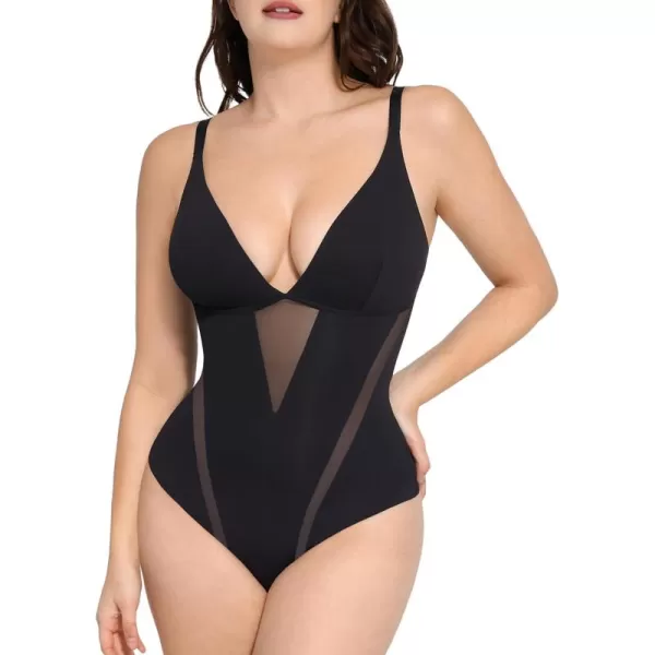 Shapewear Bodysuit Women Tummy Control Deep V-neck Thong Bodysuits Seamless Mesh Slim Body Shaper Body Suit