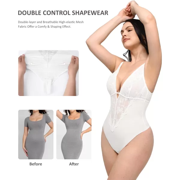 FeelinGirl Lace Shapewear Bodysuit Tummy Control Deep V Lingerie for Women One Piece Teddy Babydoll Backless Body Suit Thongs